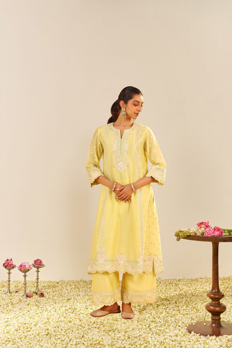 Sumaiya - A-Line Kurta With Palazzo And Dupatta-Lemon Yellow silk by SHEETAL BATRA in yellow color for women Worldwide