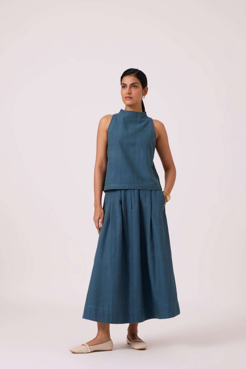 Eliot Blue Handwoven Skirt cotton by The Summer House in green color for women Worldwide