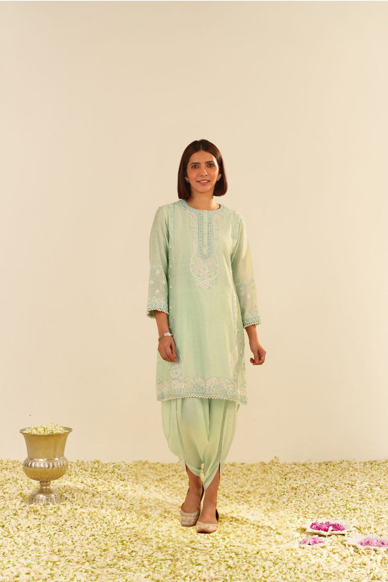 Zahra - Short Kurta With Dhoti-Mint Green silk by SHEETAL BATRA in mint color for women Worldwide