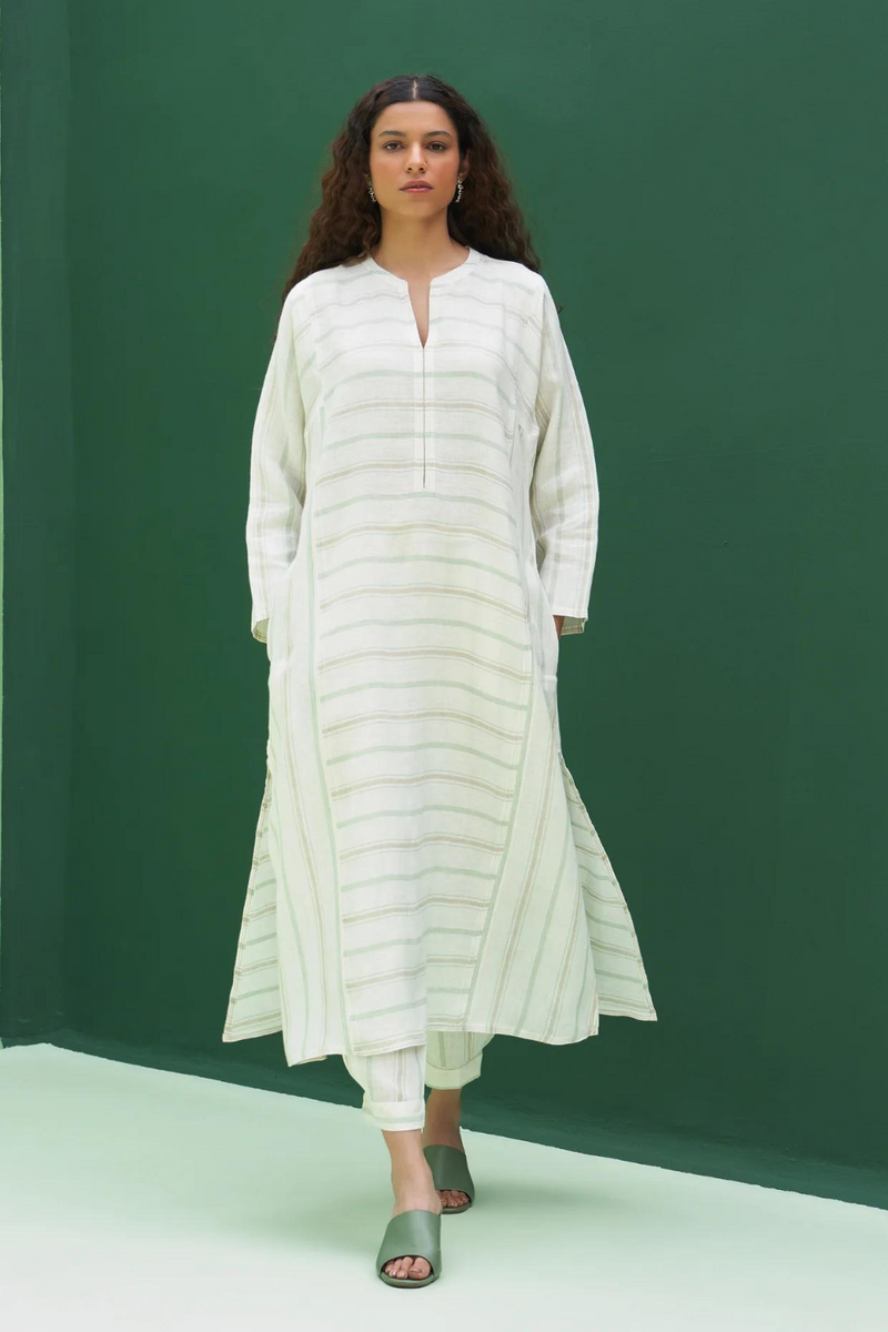 Ezra Striped Linen Kurta - Mint linen by Manan in mint color for women Worldwide