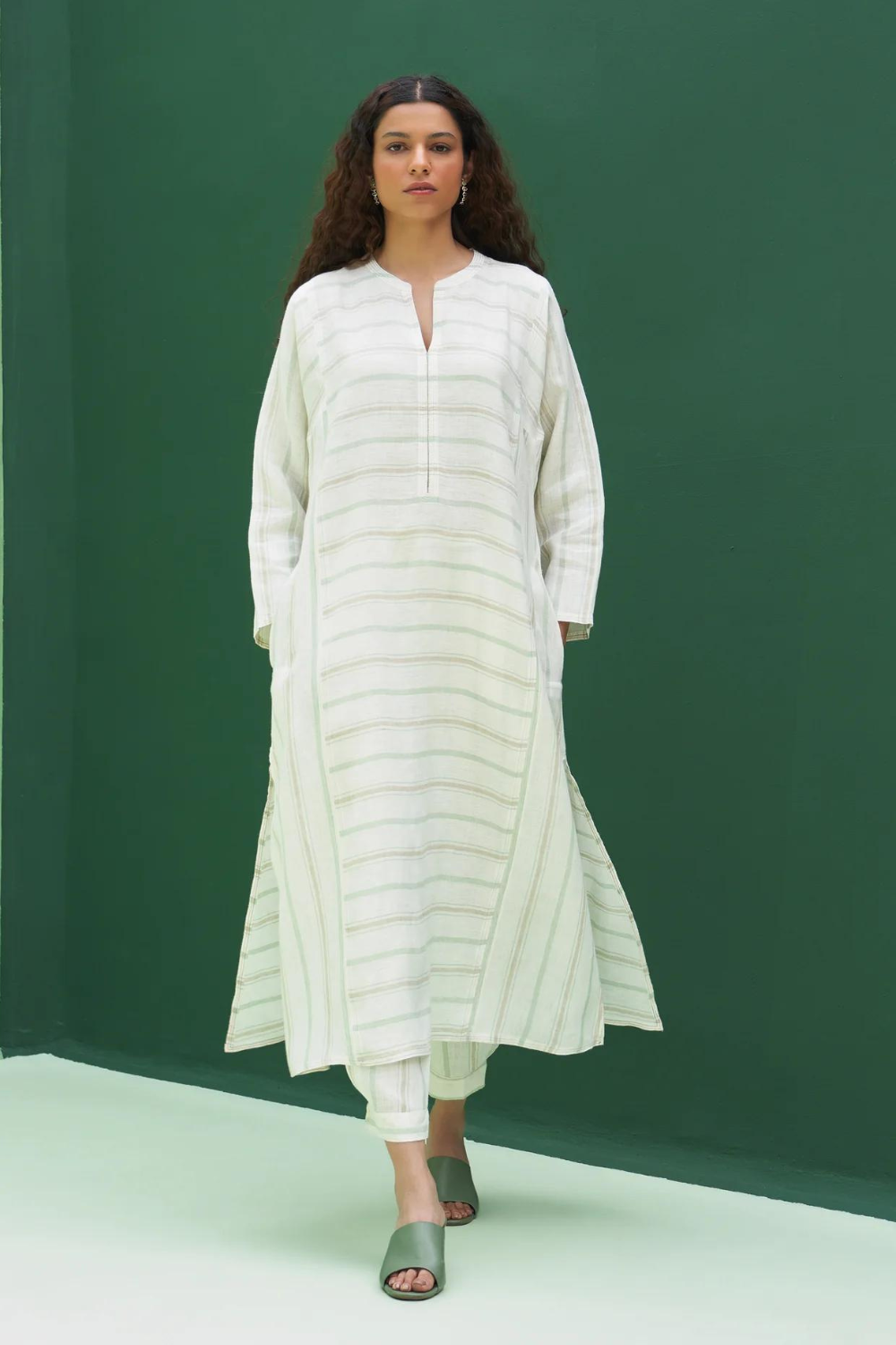 Ezra Striped Linen Kurta - Mint