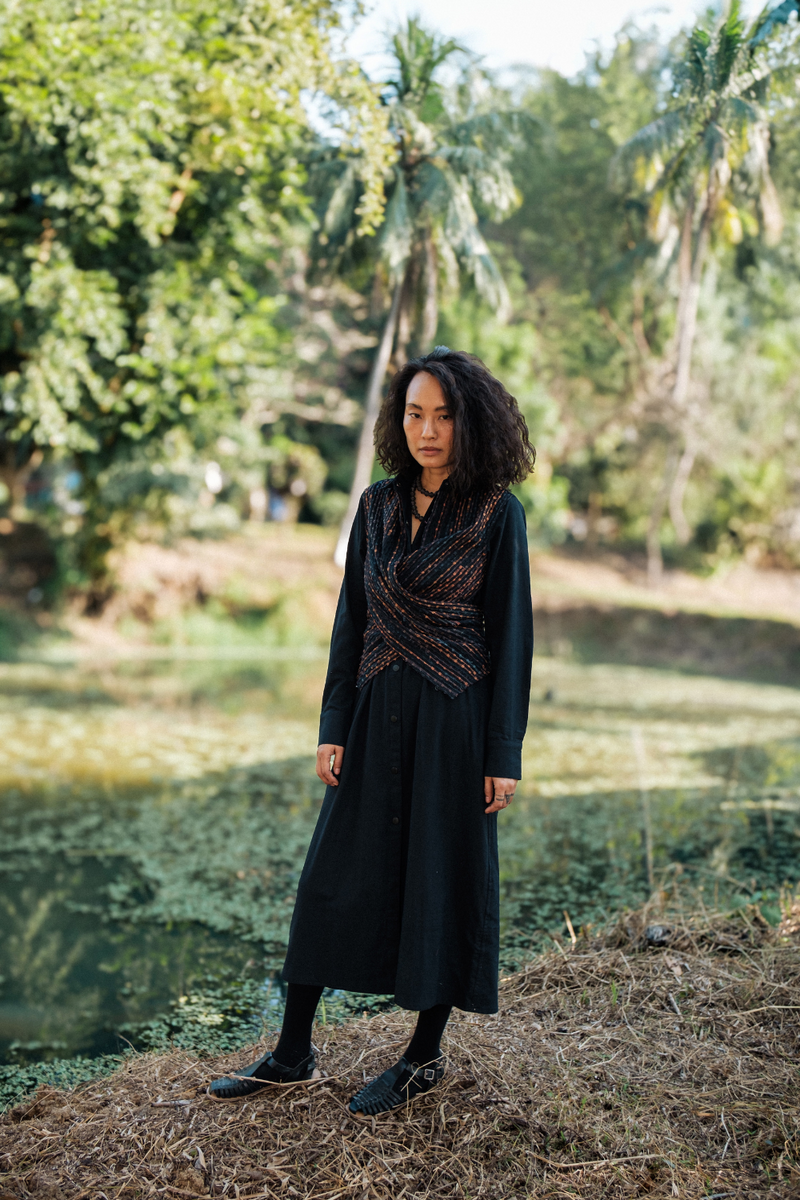 Upcycled Handwoven Seattle Wrap Calf Dress - Black Copper cotton by The Terra Tribe in black color for women Worldwide