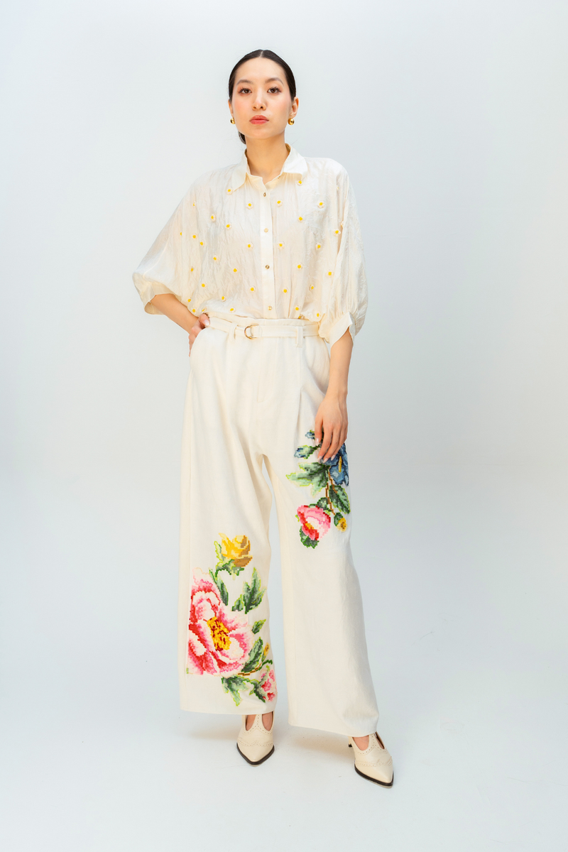 PETAL VALLEY TROUSER handwoven denim pant/trouser by Ode to Odd in off white for women Worldwide
