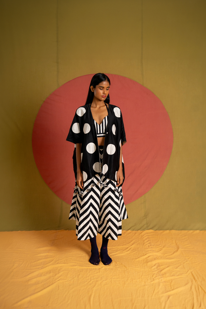 Polka Overlay-Black and White cotton jacket/overlay by Ka-Sha in black for women Worldwide