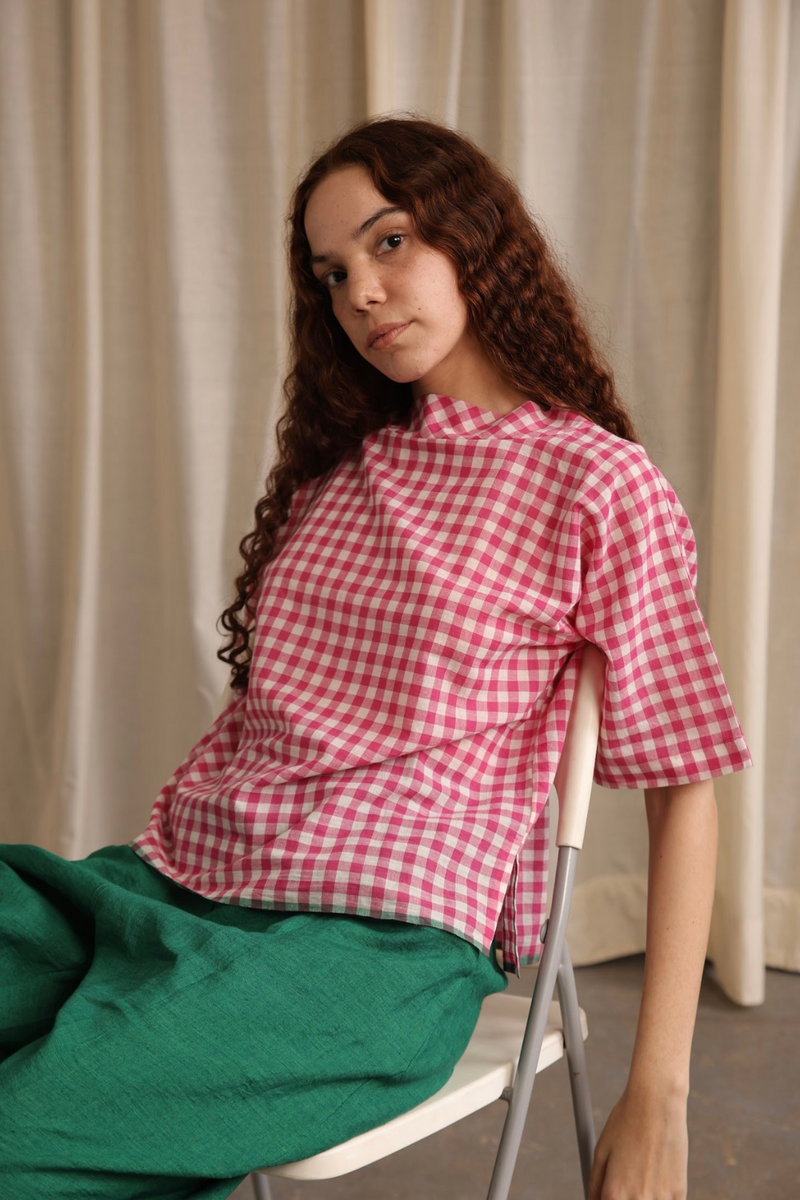 Ivy Top - Gingham cotton by MASON AND MILL in pink color for women Worldwide