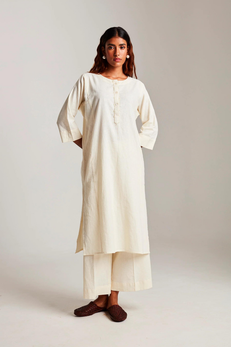 Vanilla Co-Linen Beaded Placket Kurta cotton by Saphed in white color for women Worldwide