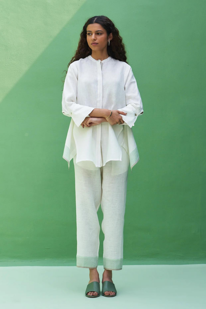 Yoshi Border Linen Top
 - Ivory linen by Manan in ivory color for women Worldwide