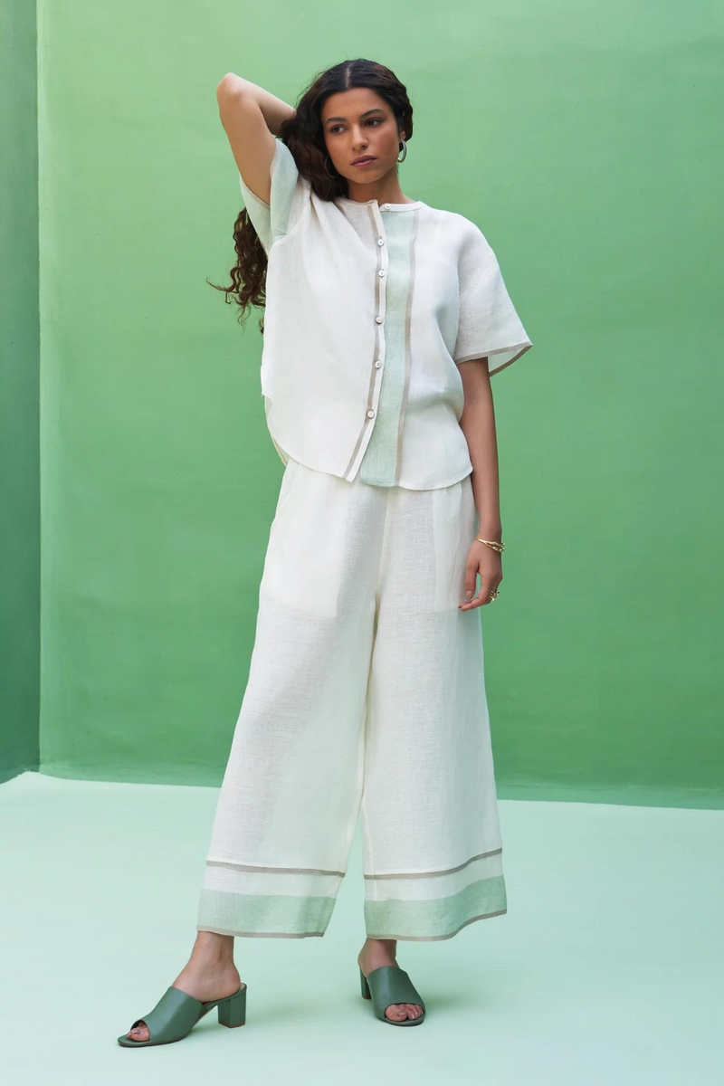 Kol Border Linen Co-ord Set - Ivory linen by Manan in ivory color for women Worldwide