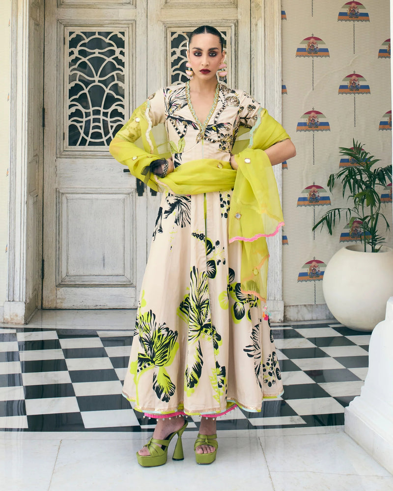 Retro Raani Black and Ivory Jacket Anarkali Set crepe, organza kurta/kurta set by Rajiramniq in black- white for women Worldwide