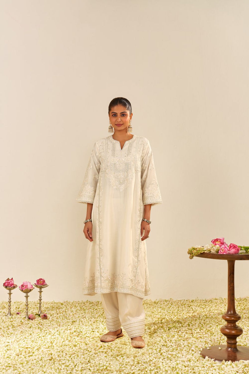 Maziya - Long Chauga With Salwar And Dupatta-Daisy Ivory silk by SHEETAL BATRA in ivory color for women Worldwide