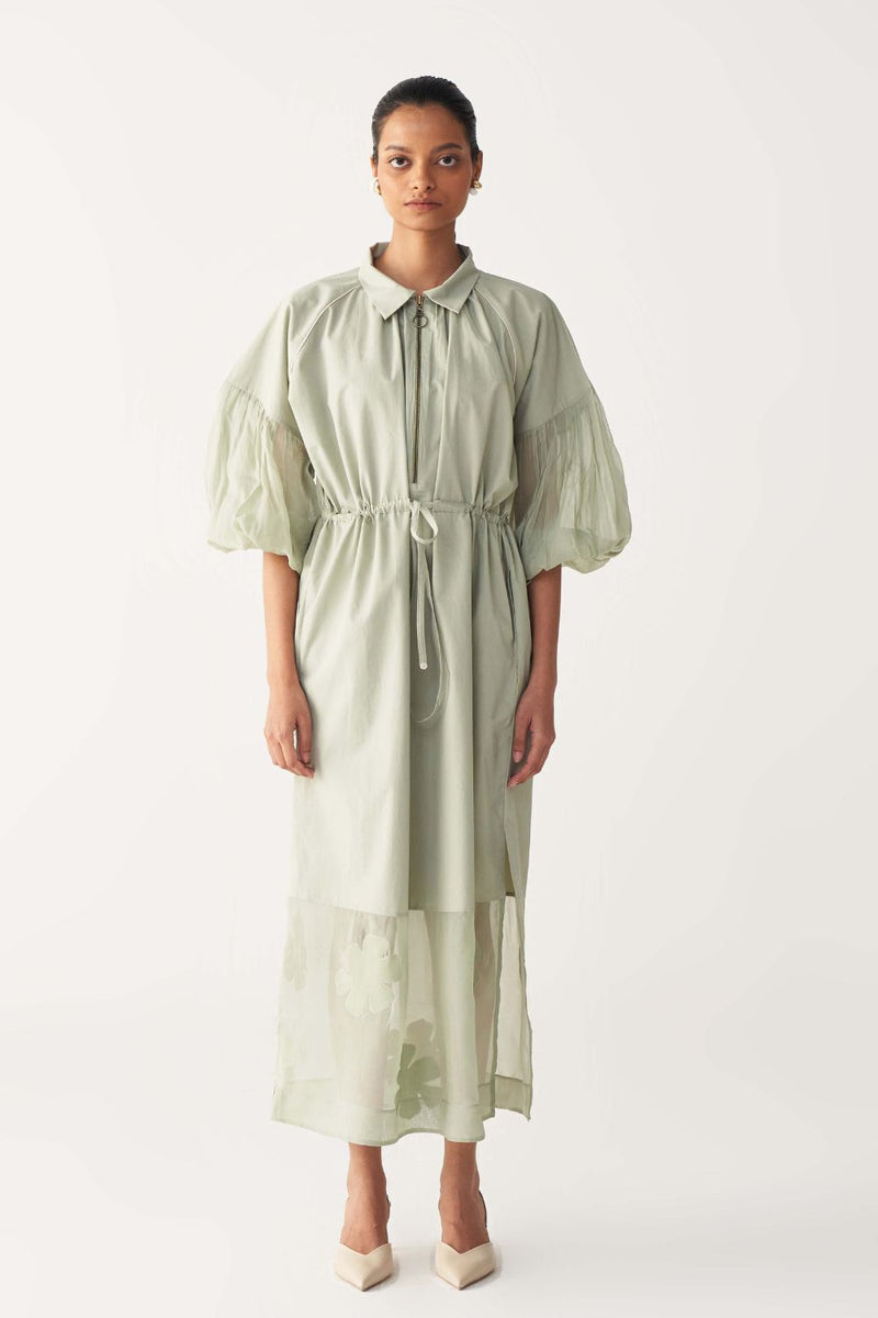 DRAWSTRING PANEL DRESS-MINT poplin by THREE in mint color for women Worldwide