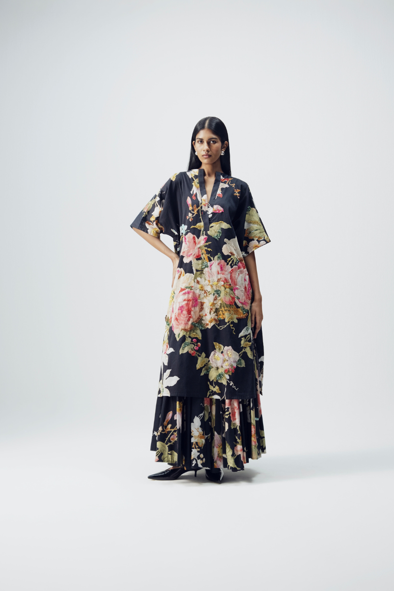 Carmine Embroidered Kurta & Skirt Set satin by YAM in black color for women Worldwide