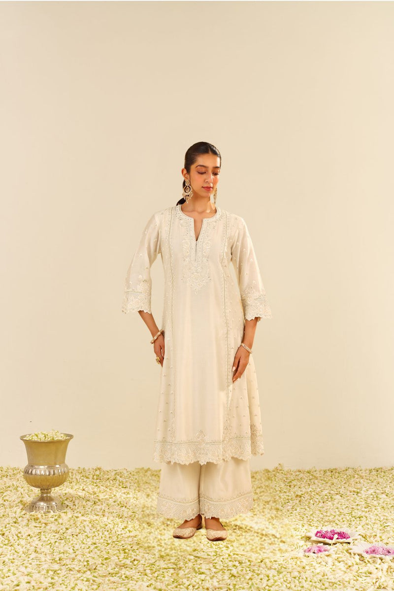 Sumaiya - A-Line Kurta With Palazzo And Dupatta-Daisy Ivory silk by SHEETAL BATRA in ivory color for women Worldwide