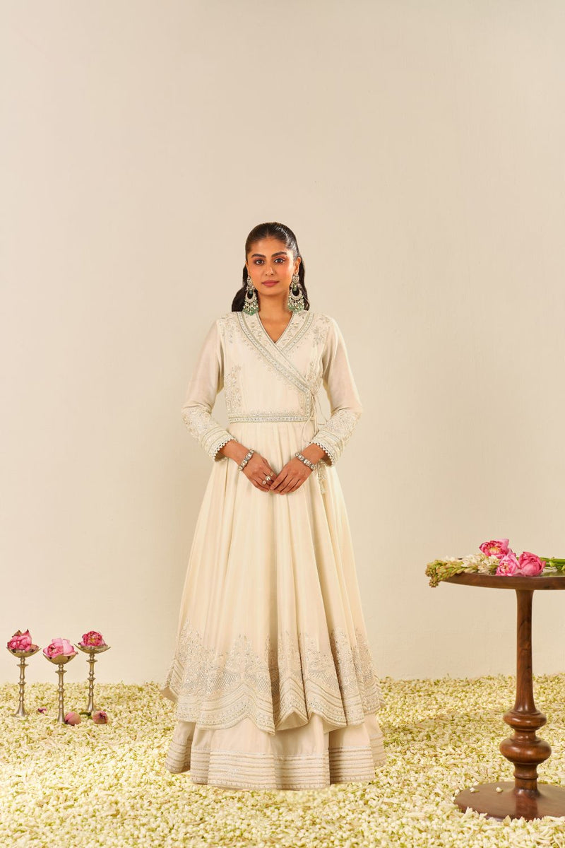 Ameena - Long Anarkali With Skirt And Dupatta-Daisy Ivory silk by SHEETAL BATRA in ivory color for women Worldwide