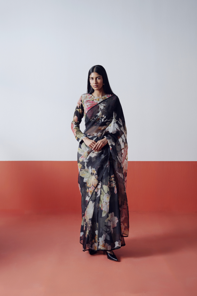 Carmine Embroidered Saree organza by YAM in black color for women Worldwide