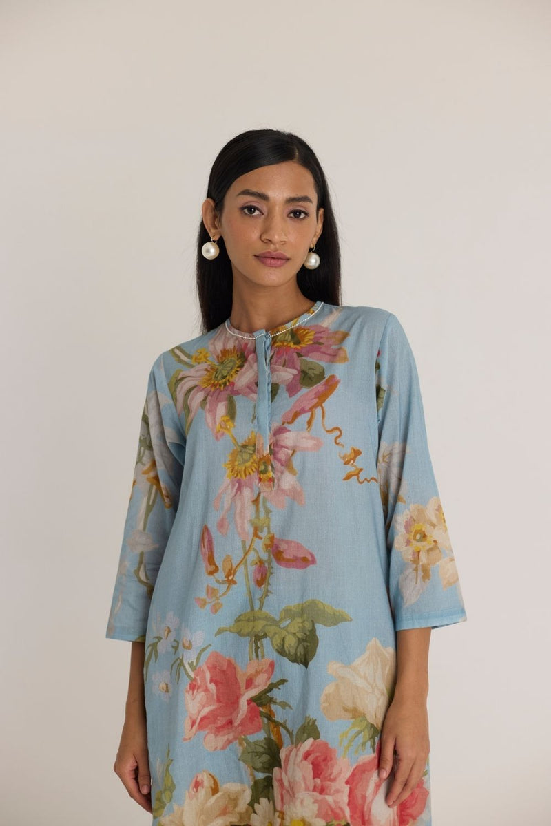 TAFFY LONG COTTON KURTA SET cotton by Yam in blue color for women Worldwide