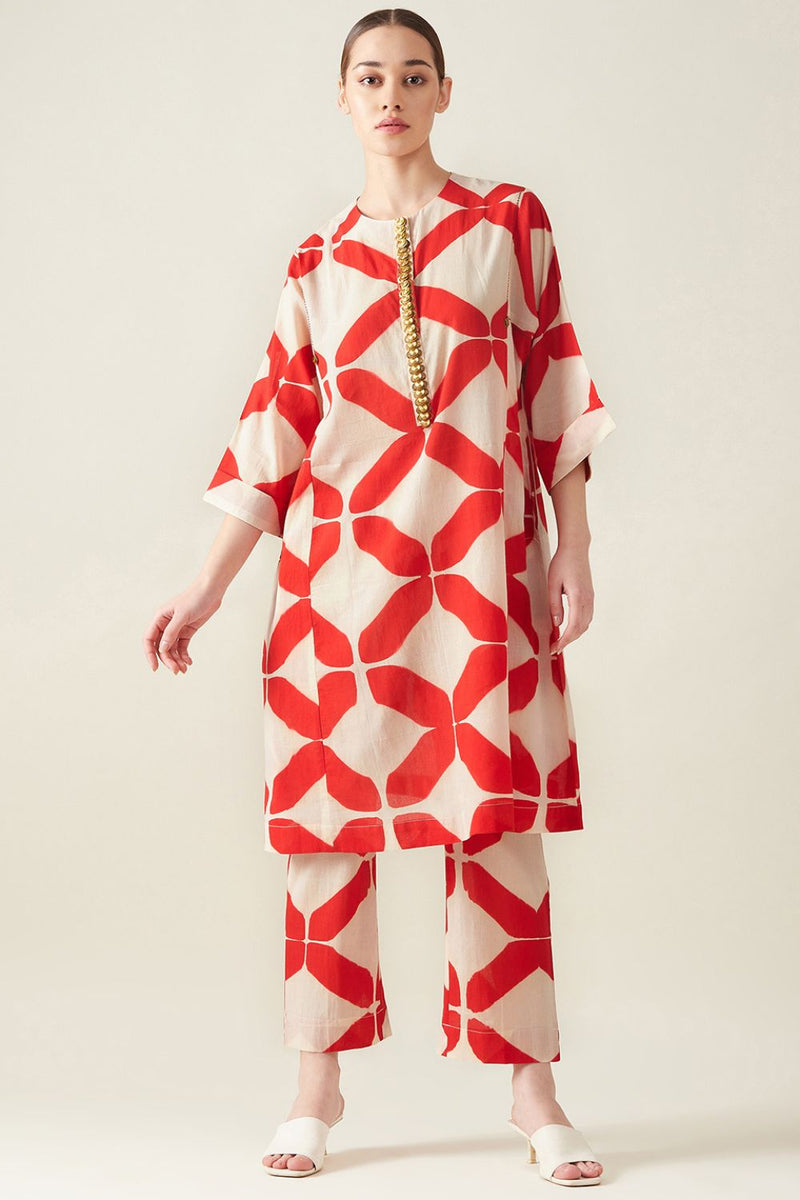Red Clamp Dye Embroidered Co ord set cotton Artisan made - Block Printed by Aavidi for women Worldwide