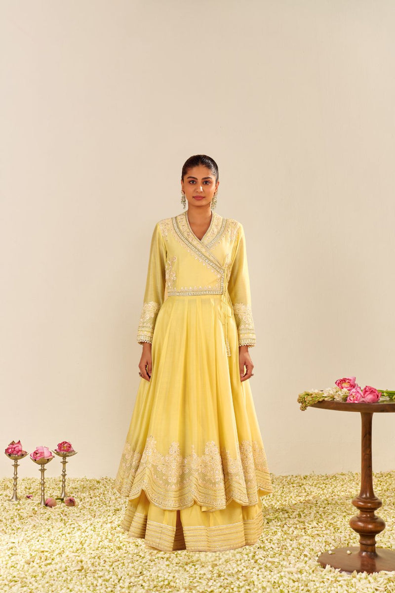 Ameena - Long Anarkali With Skirt And Dupatta-Lemon Yellow silk by SHEETAL BATRA in yellow color for women Worldwide