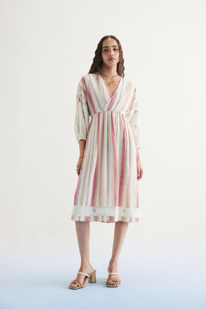 The Reef Shore Handwoven Kala Cotton Midi Dress cotton by SUI in white color for women Worldwide