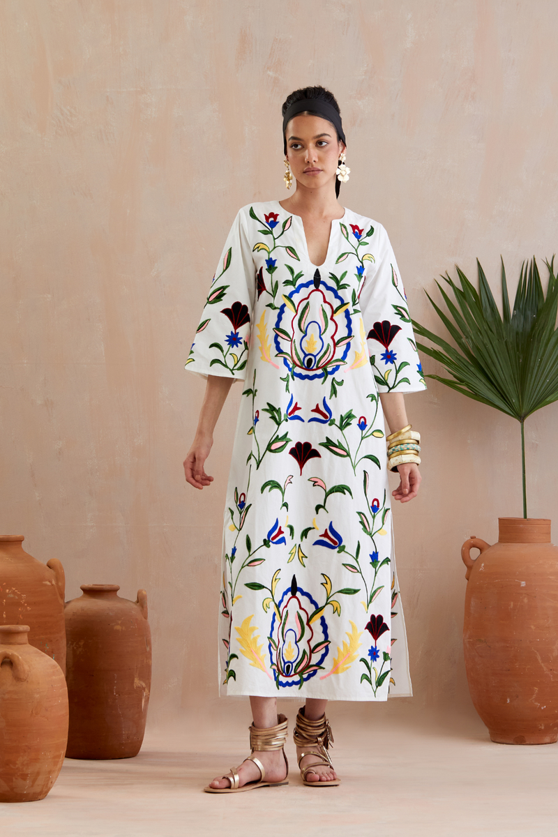 Ivory and Multi Color Thread Embroidery Maxi Dress poplin by Indian Summer Story in ivory color for women Worldwide