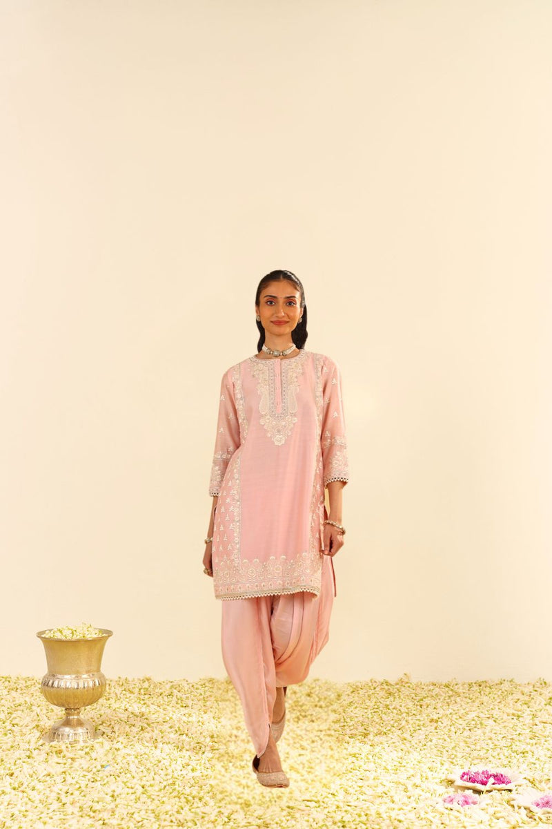Zaisha - Short Kurta With Dhoti-Blush Pink silk by SHEETAL BATRA in blush color for women Worldwide