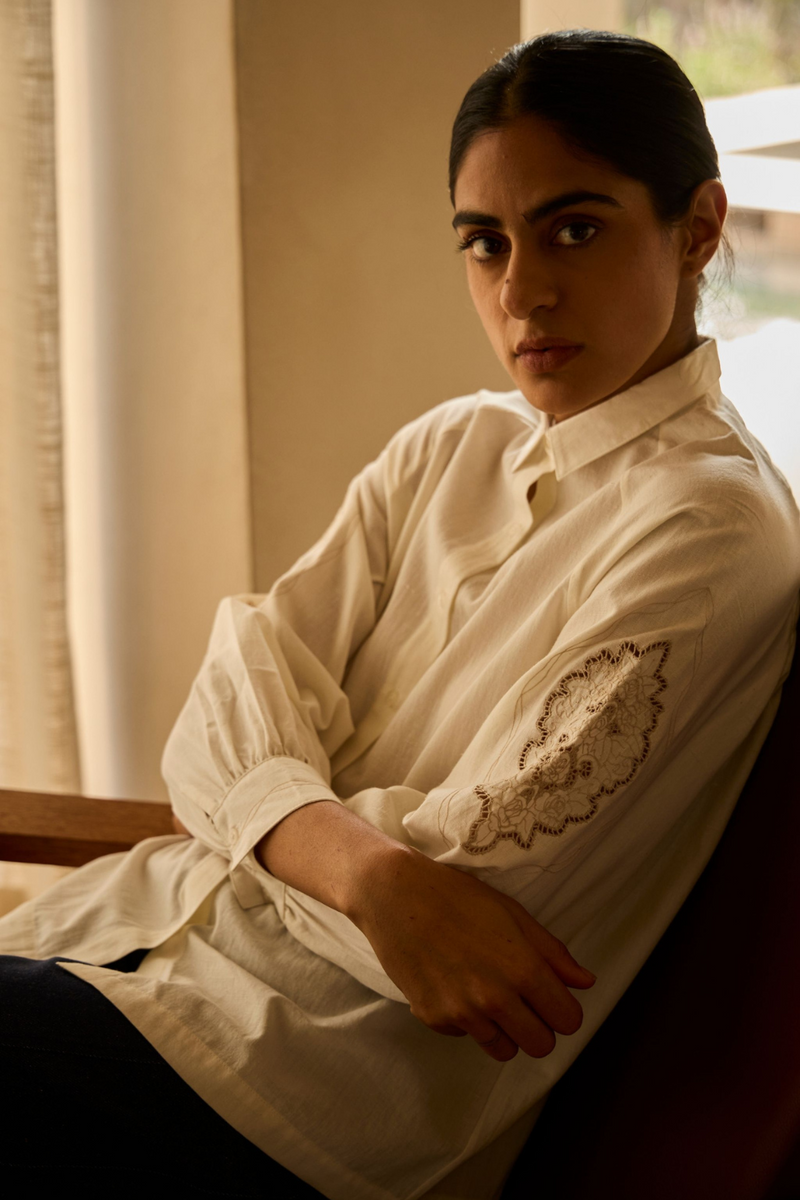 Yeji Handwoven Embroidered Shirt cotton by The Summer House in white color for women Worldwide