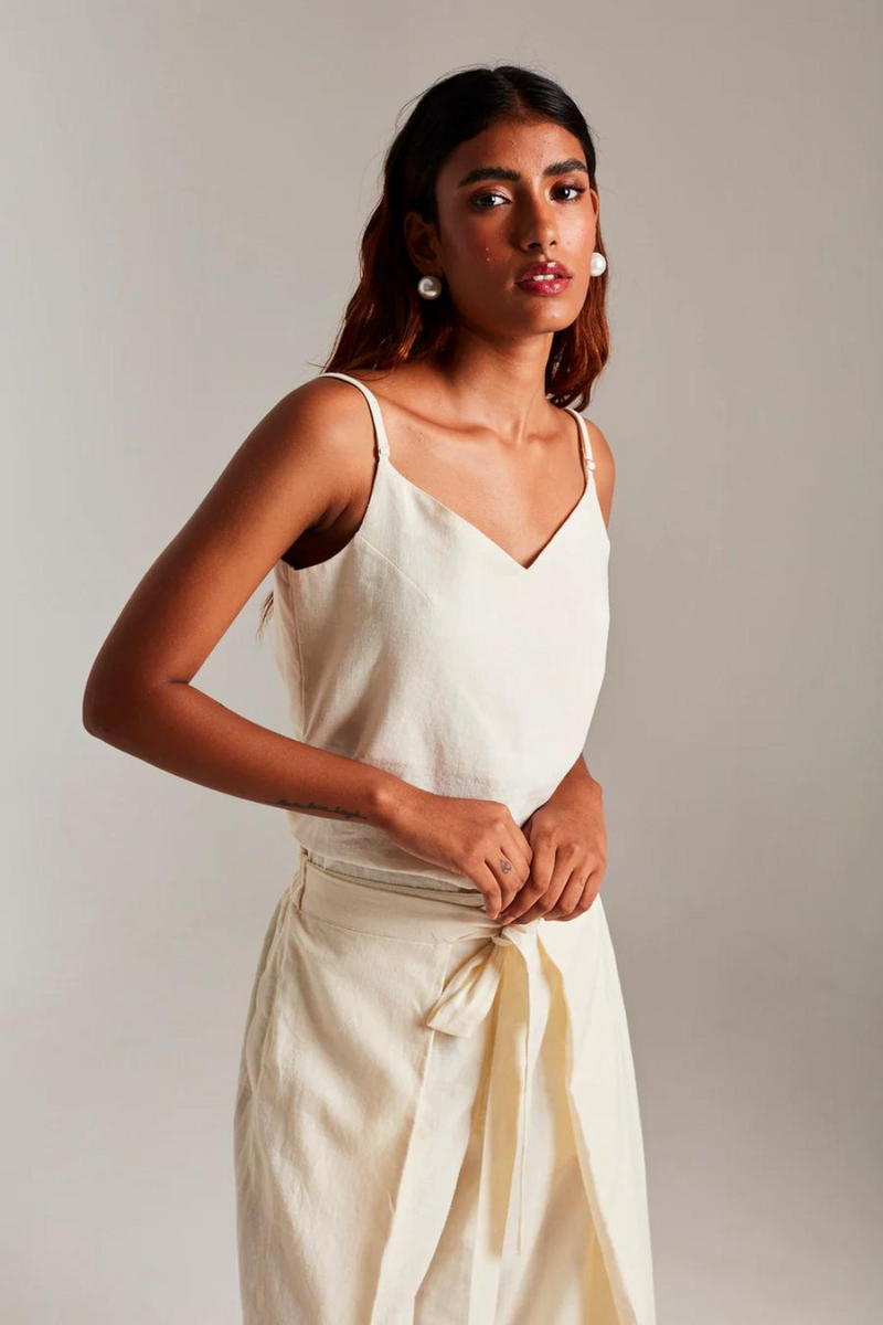 Vanilla Co-Linen Wrap Pants cotton by Saphed in white color for women Worldwide