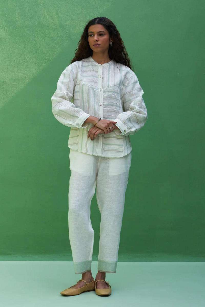 Inawi Border Linen Pant
 - Ivory linen by Manan in ivory color for women Worldwide