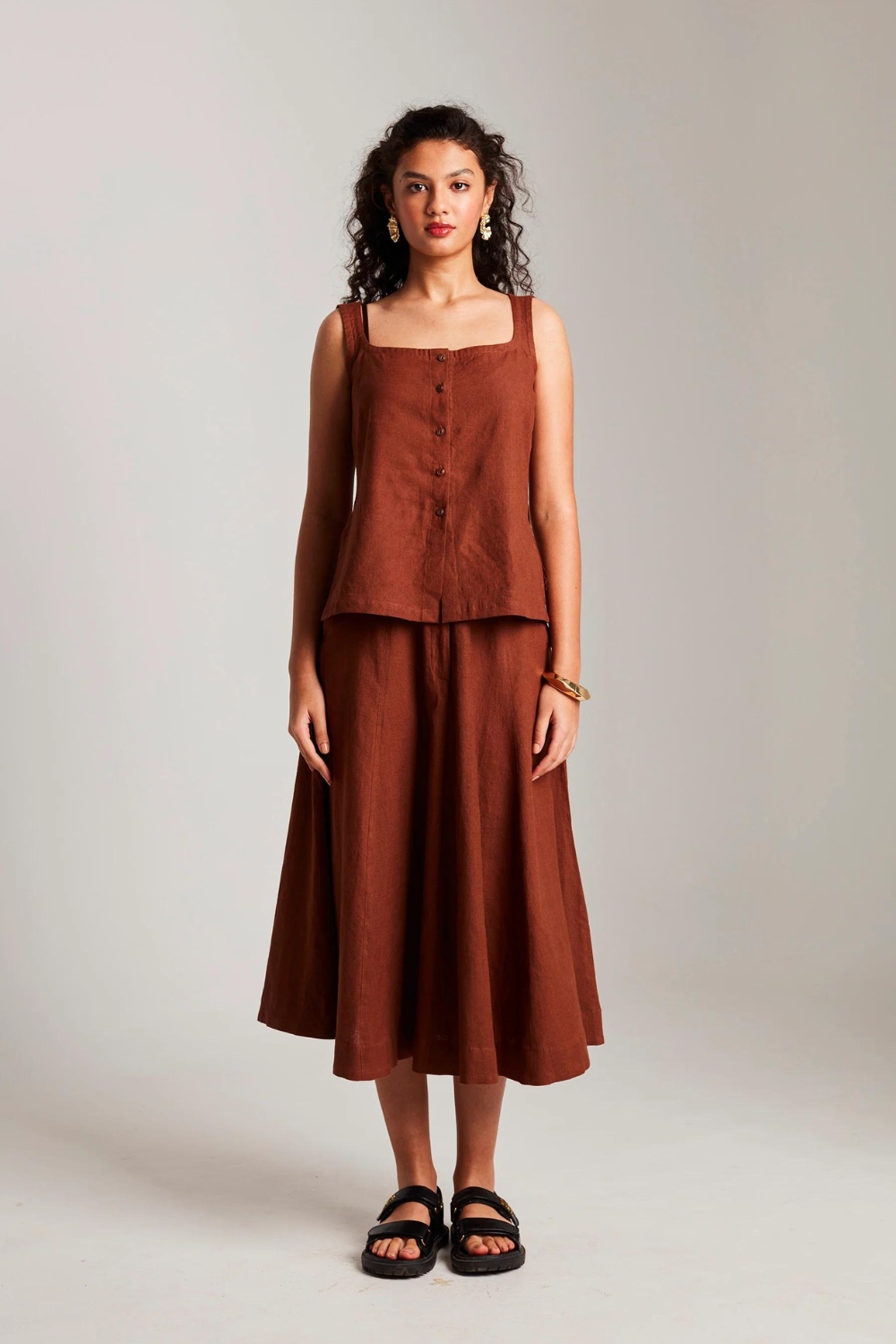 Mocha Co-Linen Side Slit Top & Skirt Set