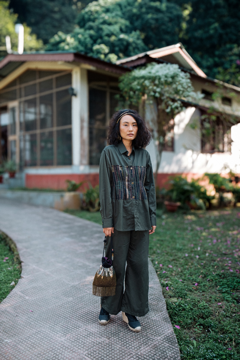 Upcycled Sailor Flared Pants - Green cotton by The Terra Tribe in green color for women Worldwide