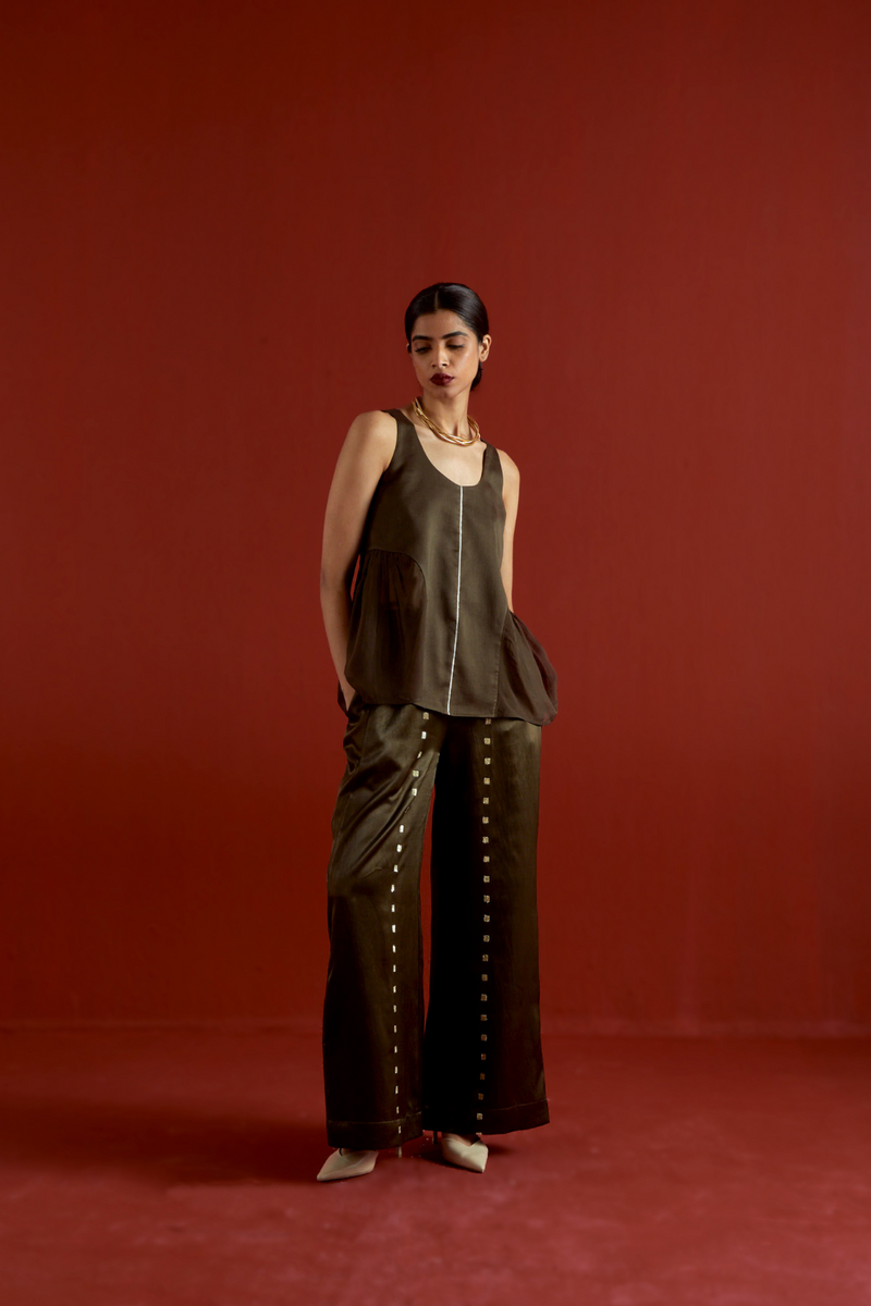 SIDE U-GATHER TOP CO-ORD-DARK OLIVE organza by THREE in olive color for women Worldwide
