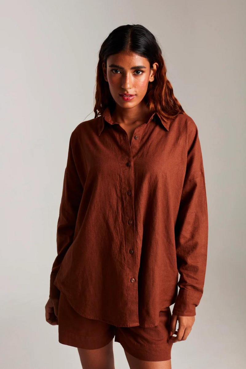 Mocha Co-Linen Classic Shirt set cotton by Saphed in brown color for women Worldwide