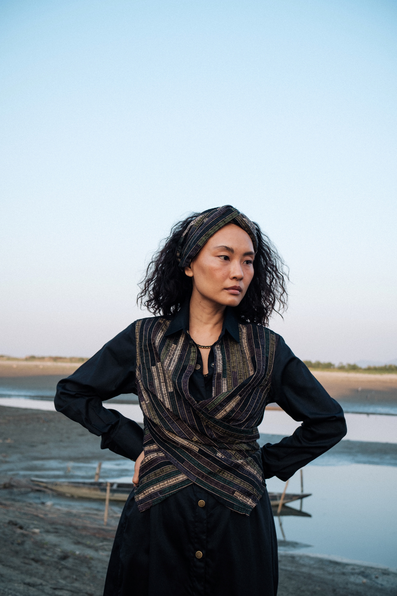 Upcycled Seattle Wrap Short Dress - Black Green cotton by The Terra Tribe in green color for women Worldwide