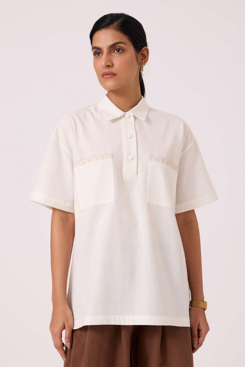 Alyosha Handwoven Embroidered Shirt cotton by The Summer House in white color for women Worldwide
