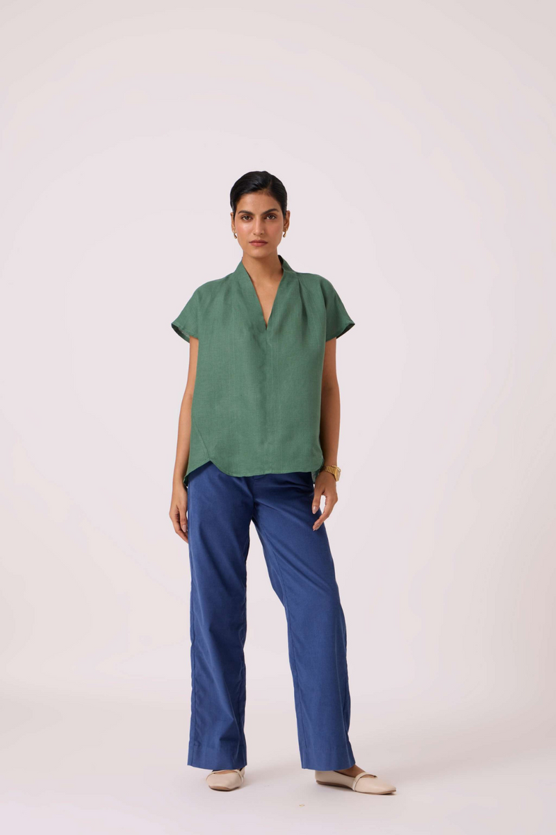 Orion Green Linen Top by The Summer House in green color for women Worldwide