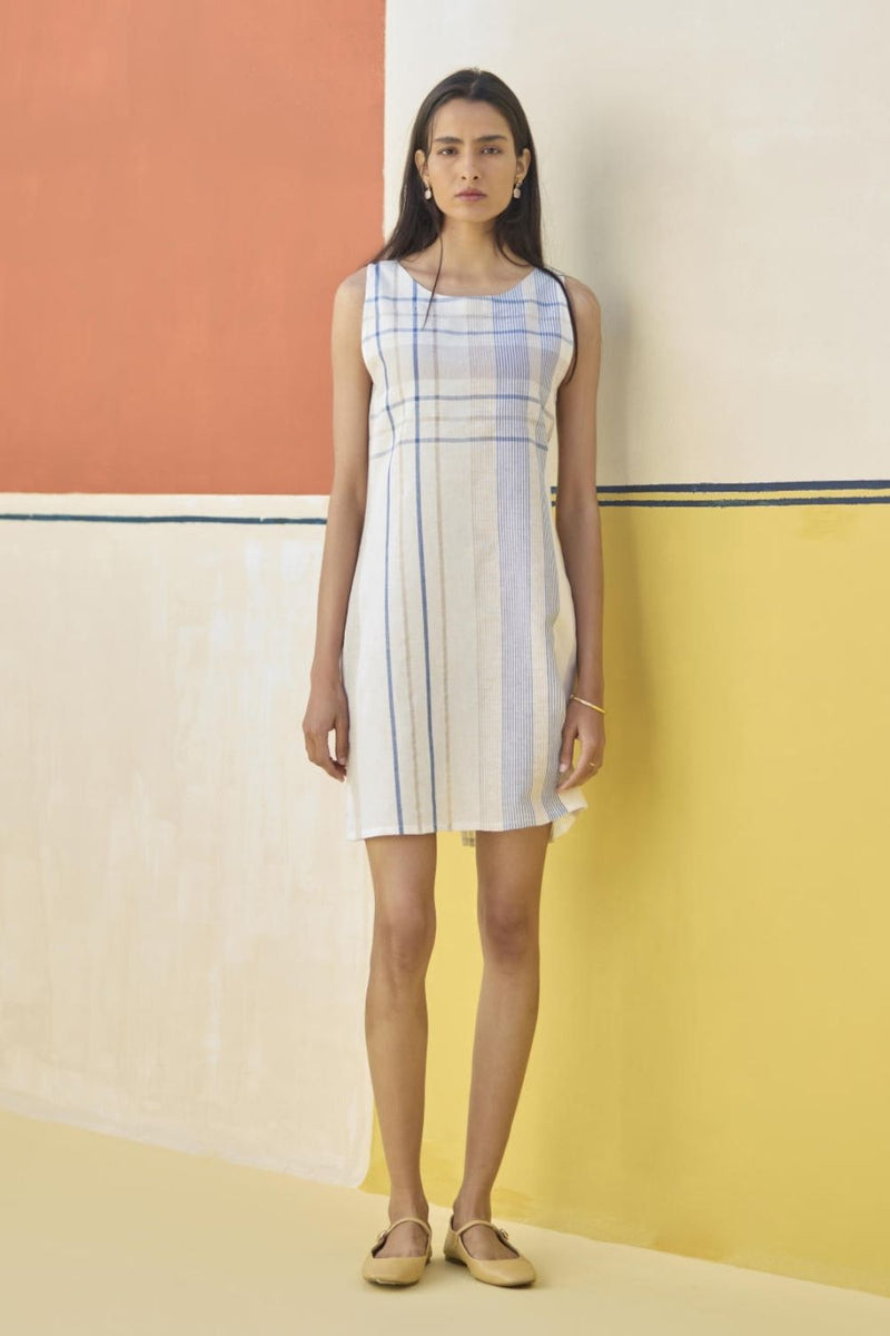 Nora Check Linen Shift Dress - Ivory by Manan in ivory color for women Worldwide