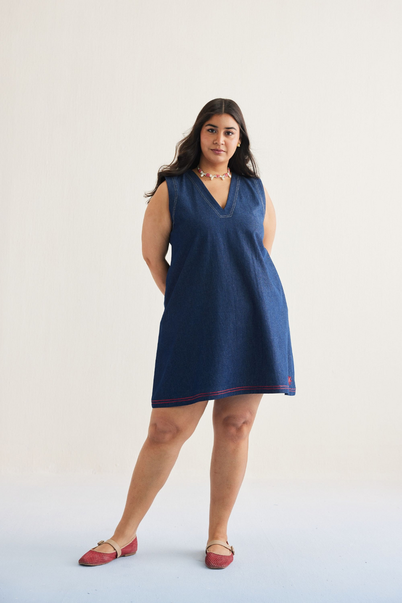 Deep Blue Sustainable Denim Dress cotton by SUI in blue color for women Worldwide
