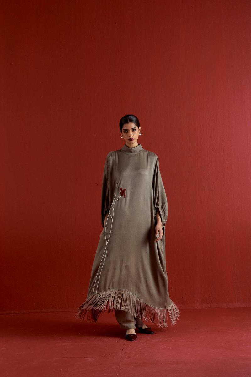 FLORAL FRINGE KAFTAN CO-ORD-CEDAR satin by THREE for women Worldwide