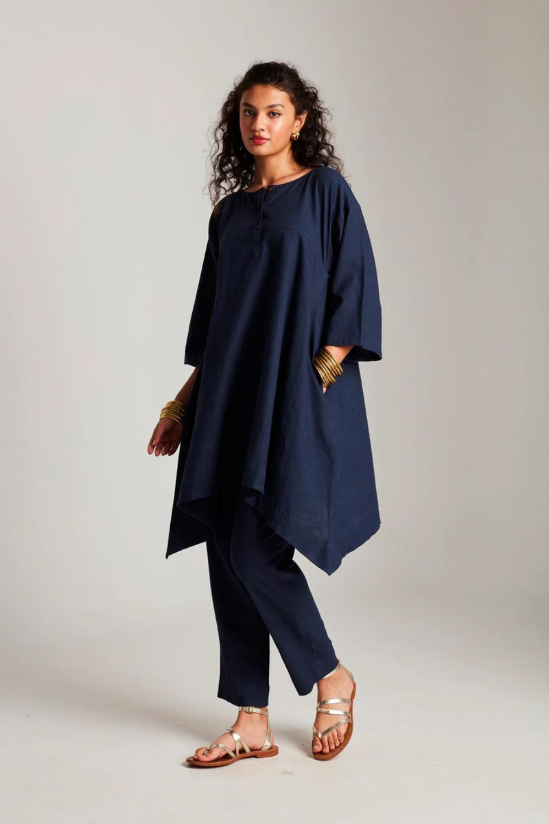 Navy Co-Linen High Low Kurta cotton by Saphed in navy color for women Worldwide