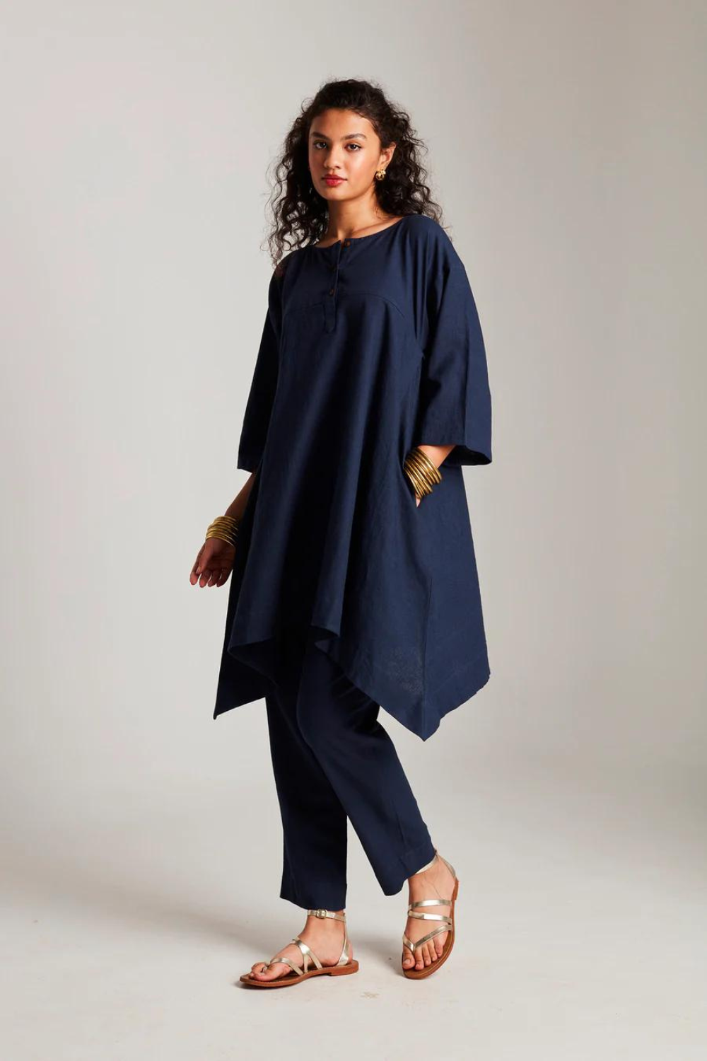 Navy Co-Linen High Low Kurta