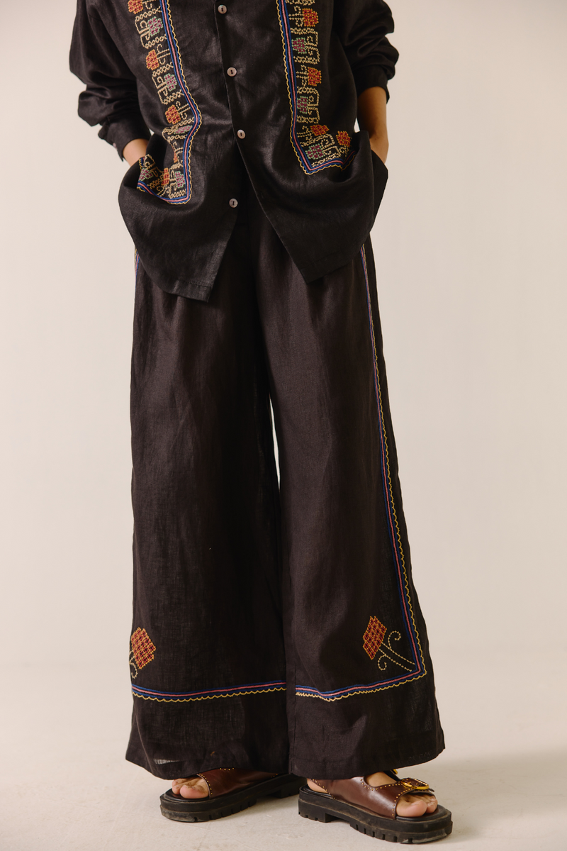 Lounge Pants - Black Cross Stitched Embroidery by CORD in black for women Worldwide