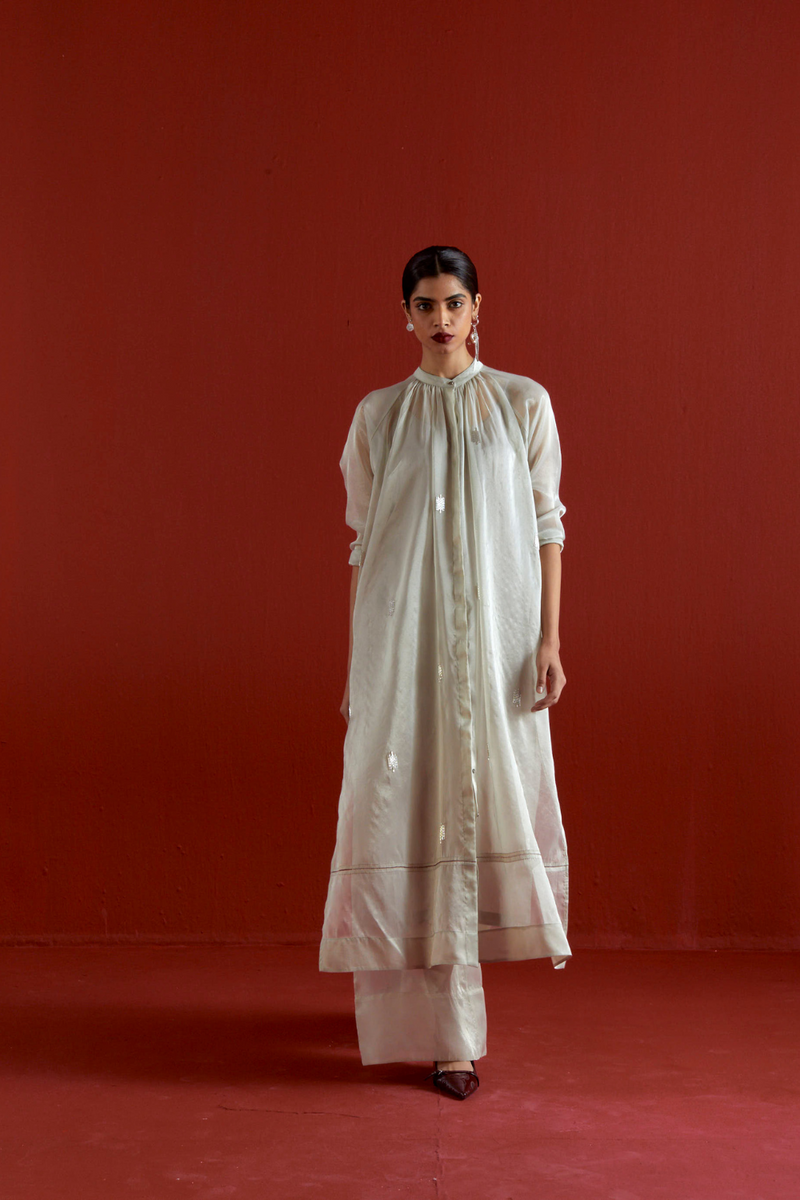EMB. GATHER NECK SHIRT CO-ORD-METALLIC GREY tissue by THREE in grey color for women Worldwide