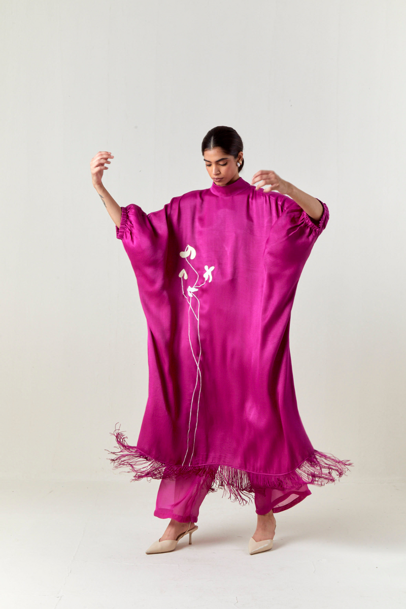 FLORAL FRINGE KAFTAN CO-ORD-FUCHSIA satin by THREE for women Worldwide