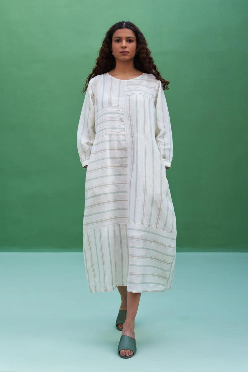 Kwan Striped Linen Dress
 - Mint linen by Manan in mint color for women Worldwide