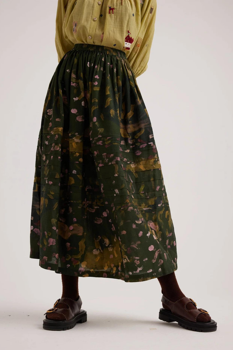 Pintuck Skirt-Green Strokes cotton by CORD for women Worldwide