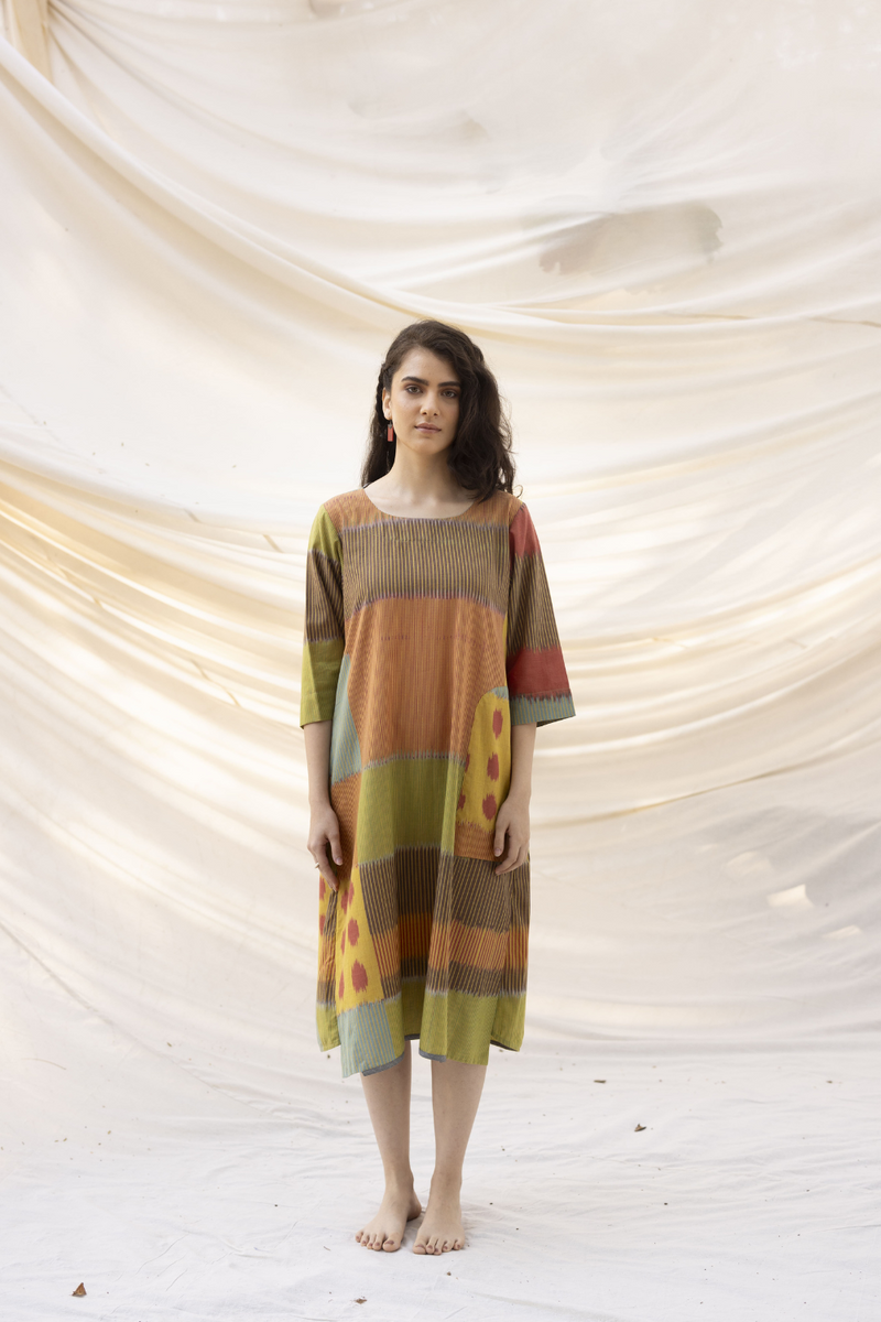 SUR A-LINE DRESS 100% cotton by Translate - Handwoven Ikat in multi color for women Worldwide