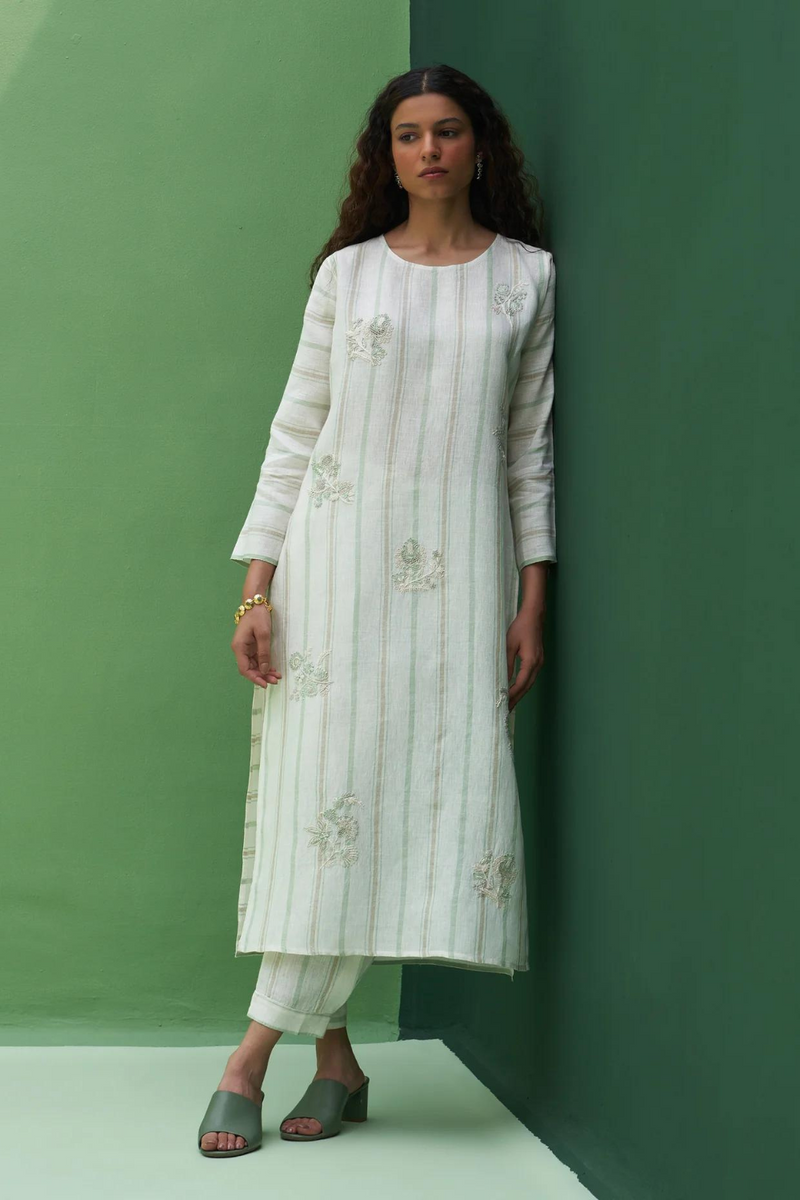 Eiko Striped Linen Kurta
 - Mint linen by Manan in mint color for women Worldwide
