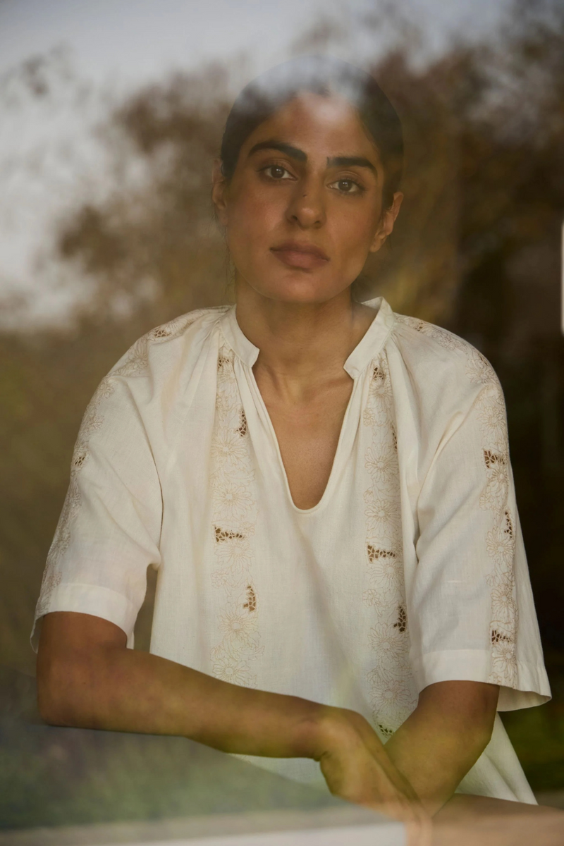 Bheer Handwoven Embroidered Top cotton by The Summer House in white color for women Worldwide