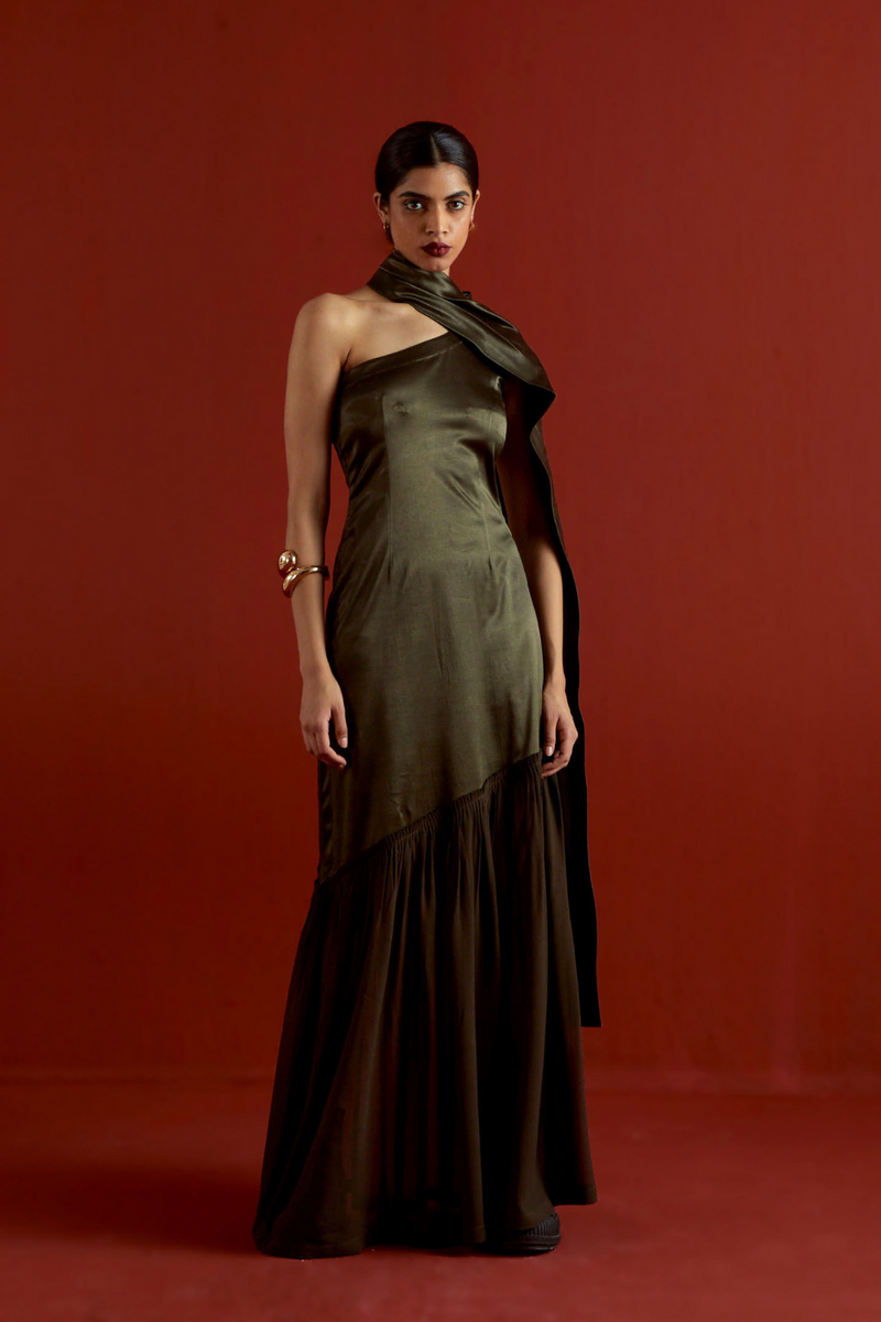 ONE SHOULDER DRESS-DARK OLIVE satin by THREE in olive color for women Worldwide