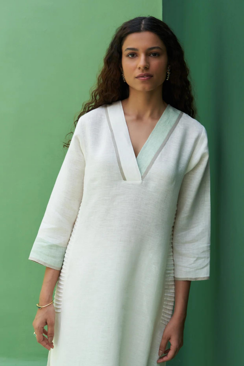 June Border Linen Pleated Kurta
 - Ivory linen by Manan in ivory color for women Worldwide